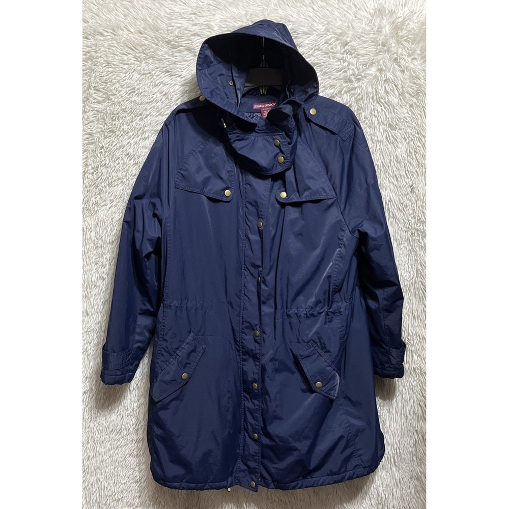 Womens Coat Size 18 Blue Snap Button Closure Pockets Lined Removable Hood Winter